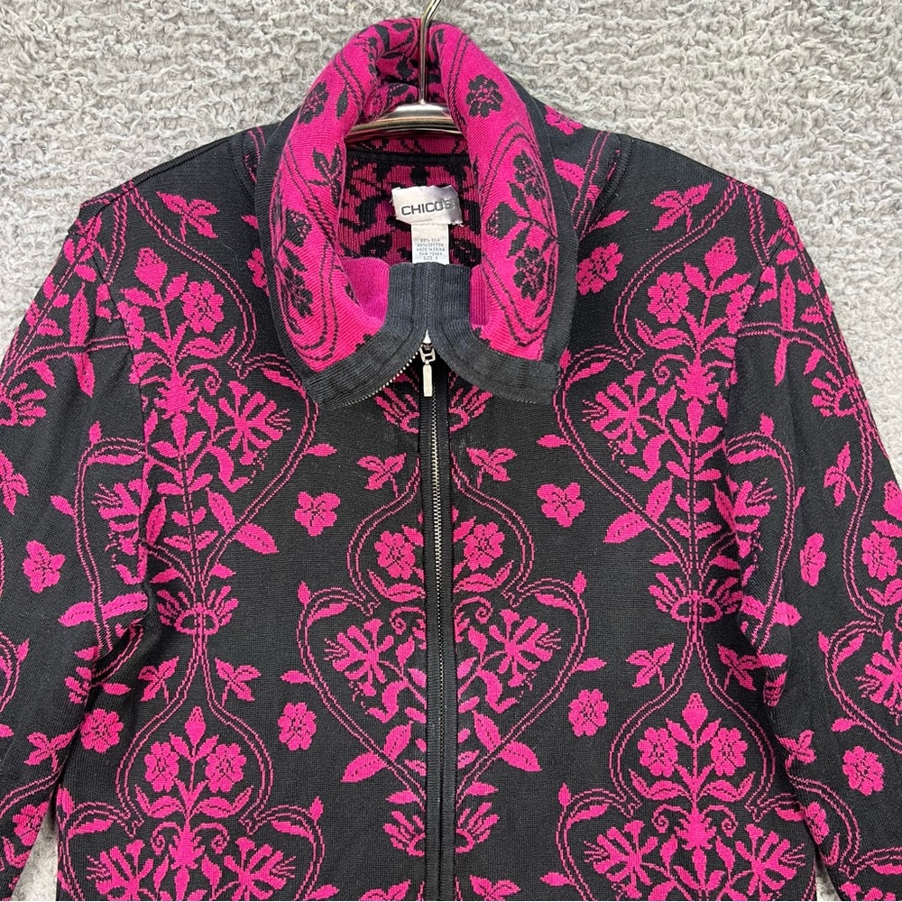 Chicos Cardigan Zip Up Sweater Sz 1 (8/10) Silk Blend Floral Pink Magenta Black